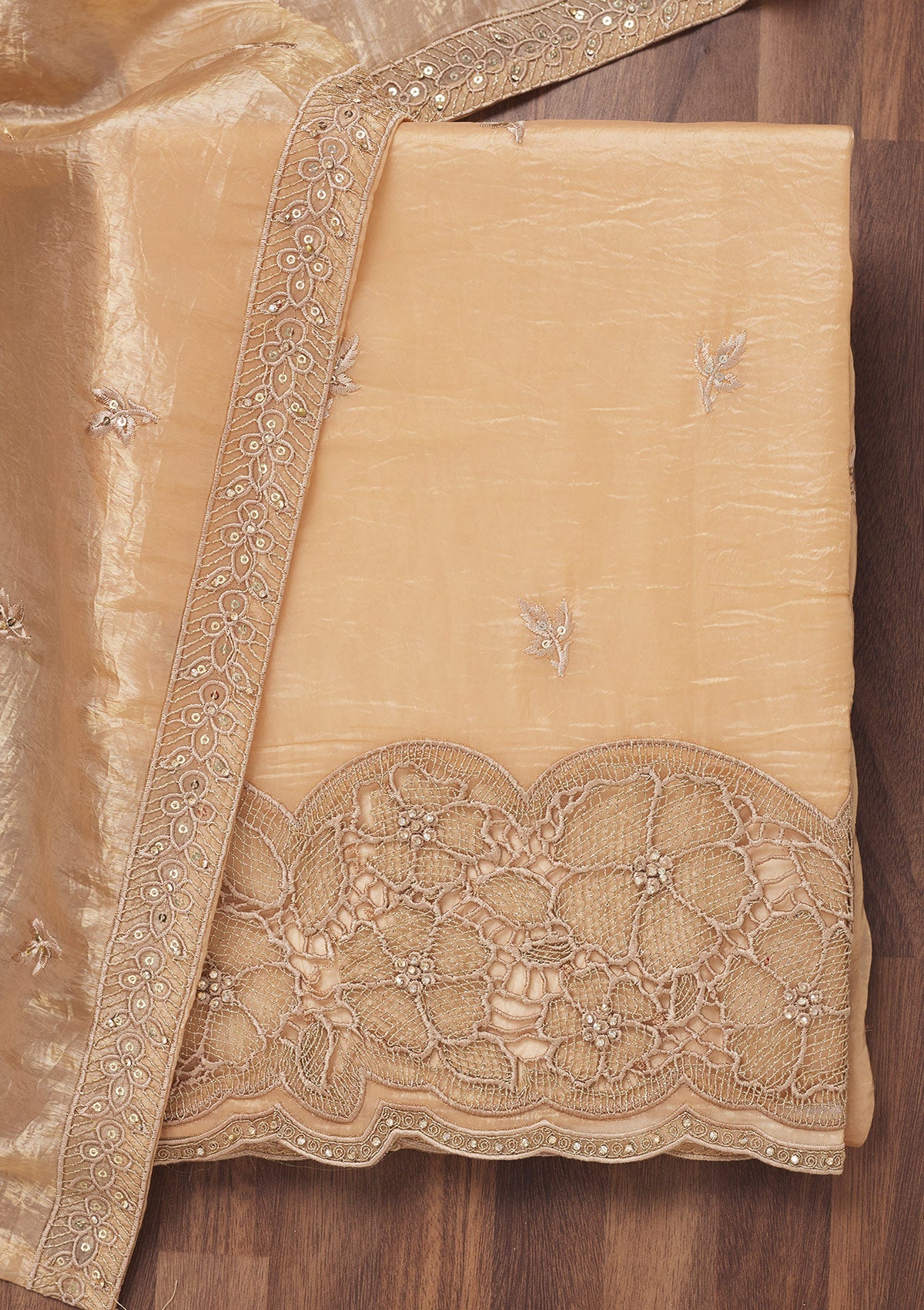 Light Peach Zariwork Semi Crepe Unstitched Salwar Suit-Koskii