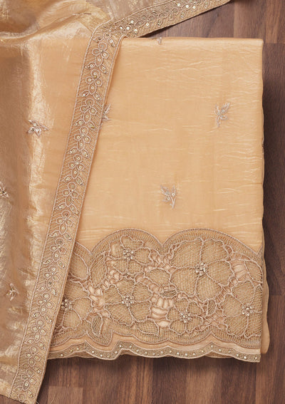 Light Peach Zariwork Semi Crepe Unstitched Salwar Suit-Koskii