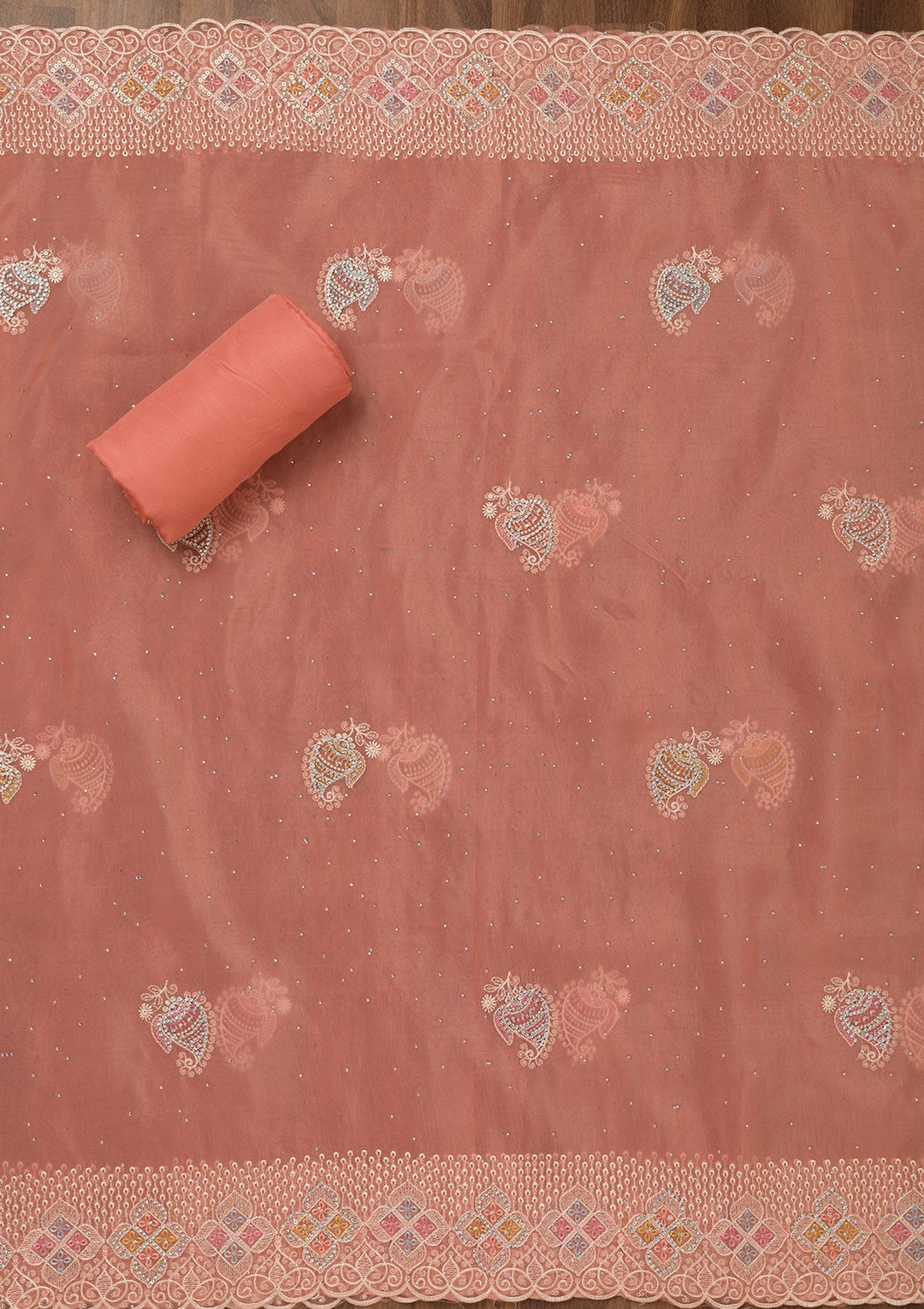 Light Peach Zariwork Semi Crepe Unstitched Salwar Suit-Koskii
