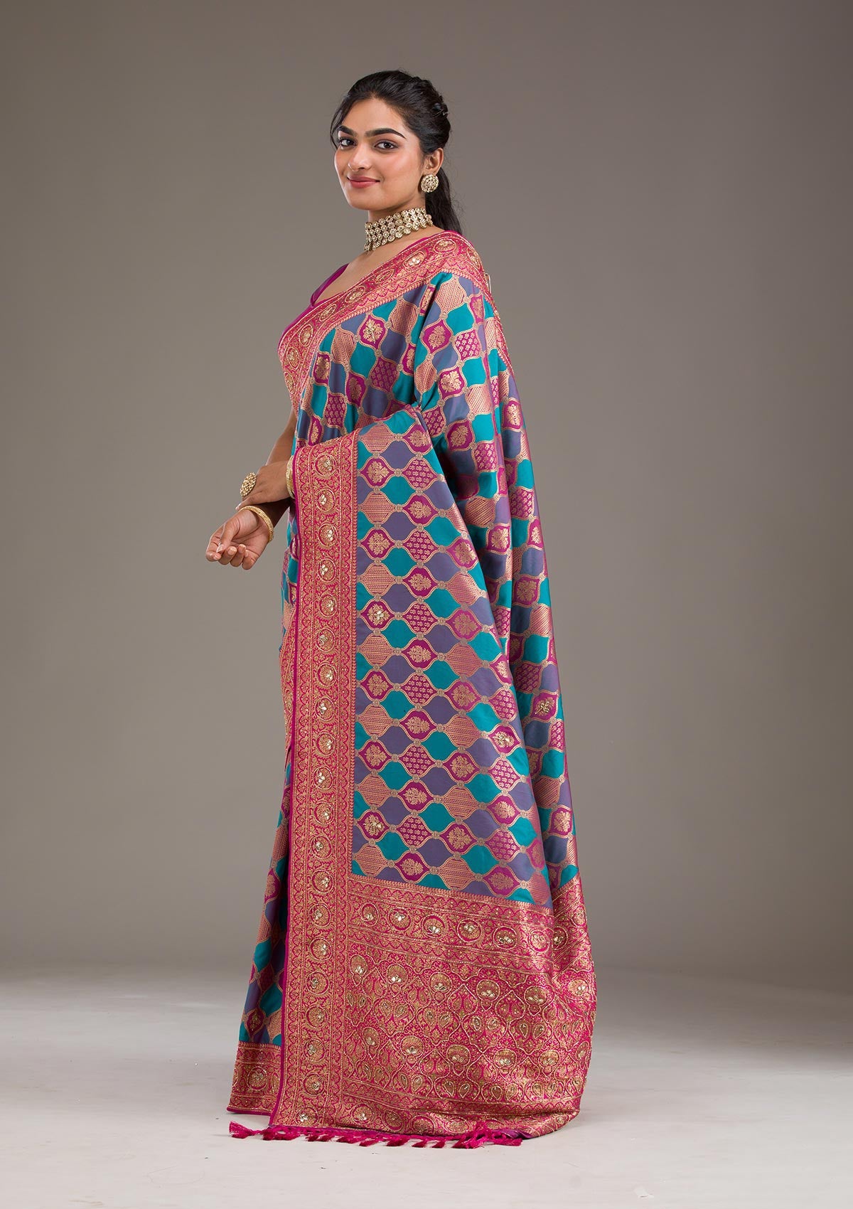 Magenta Pink Cutdana Art Silk Saree-Koskii