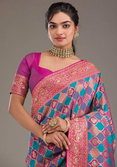 Magenta Pink Cutdana Art Silk Saree-Koskii