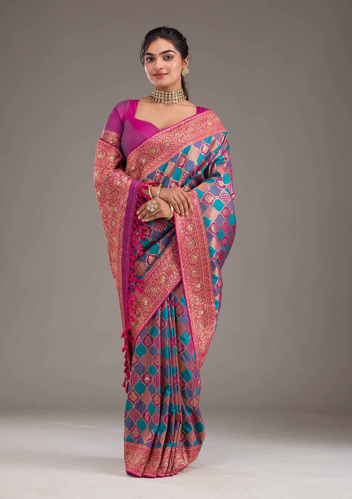 Magenta Pink Cutdana Art Silk Saree-Koskii