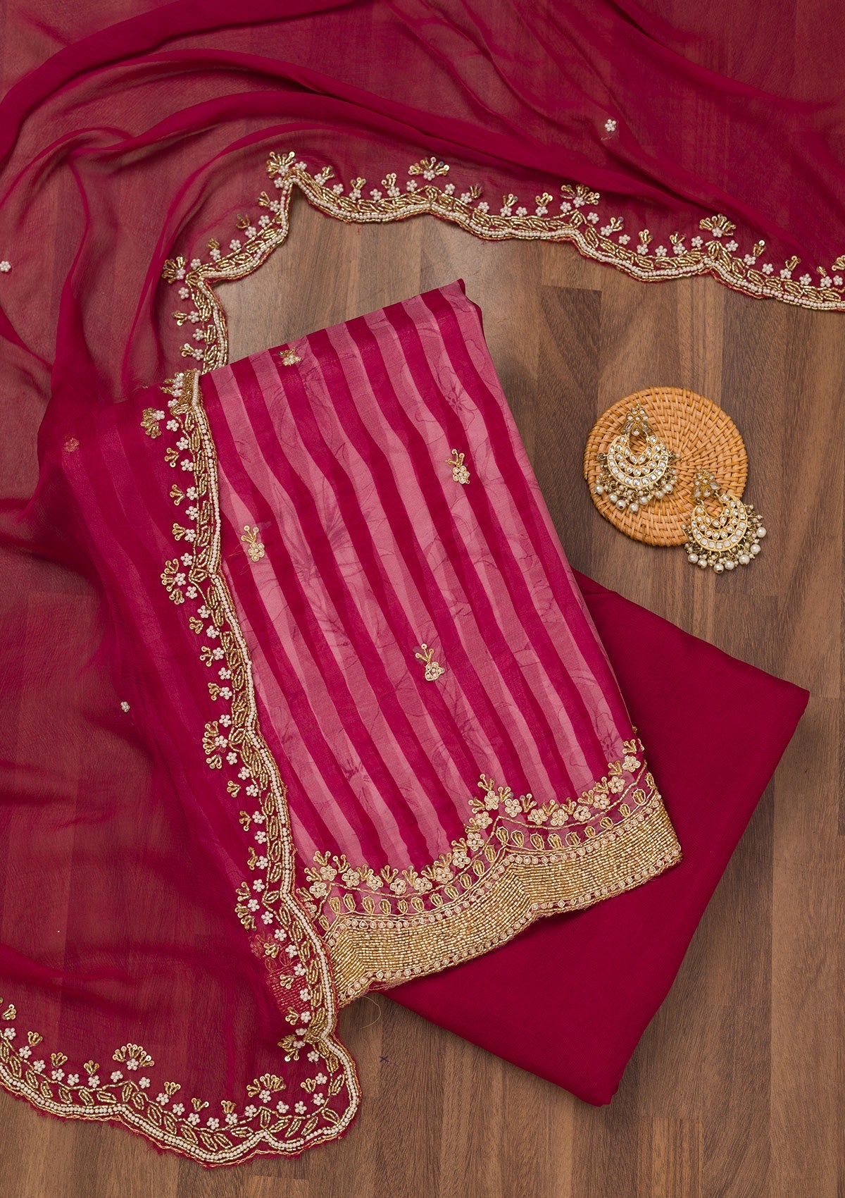 Magenta Pink Cutdana Semi Crepe Unstitched Salwar Suit-Koskii