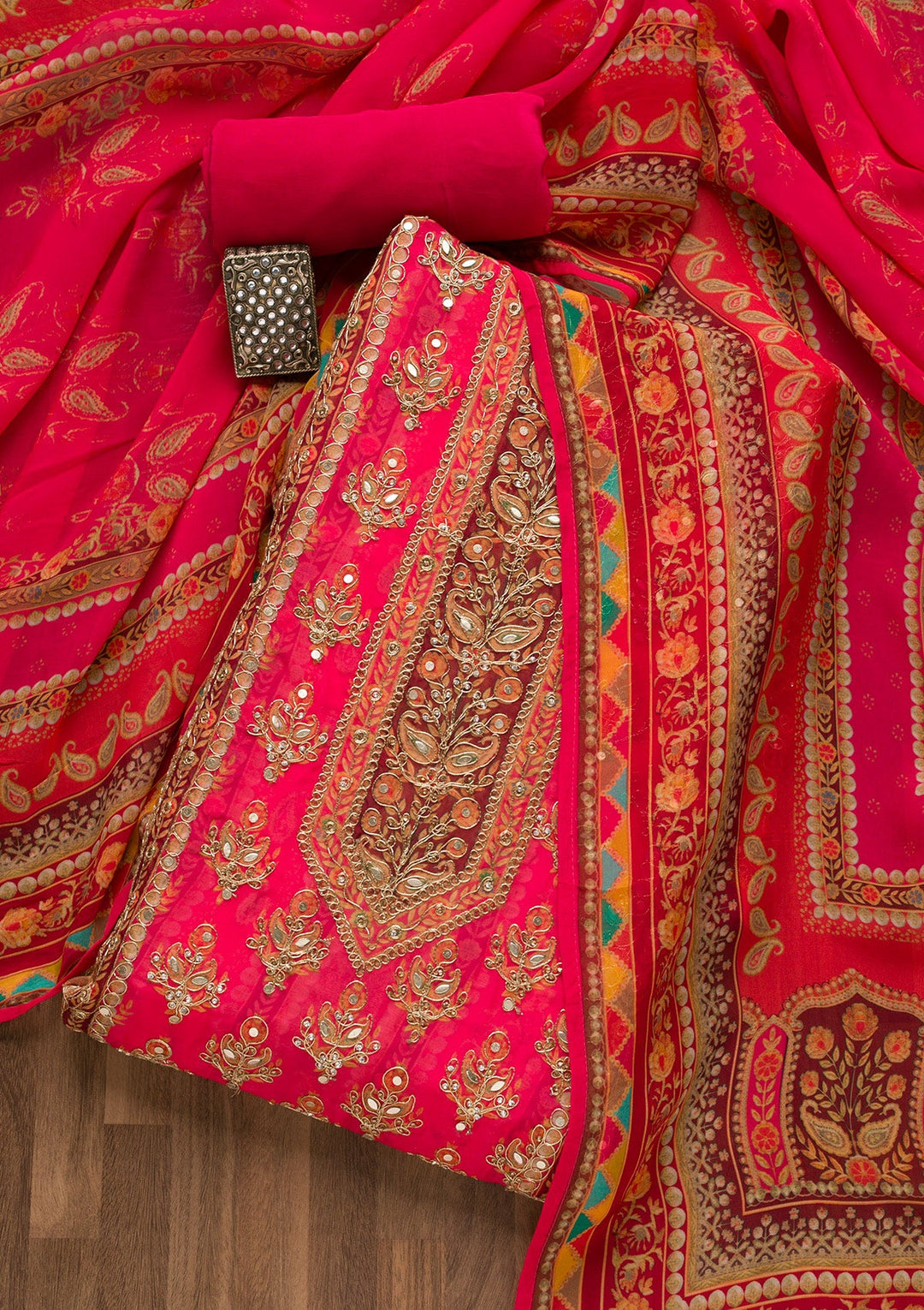Magenta Pink Gotapatti Georgette Unstitched Salwar Suit-Koskii