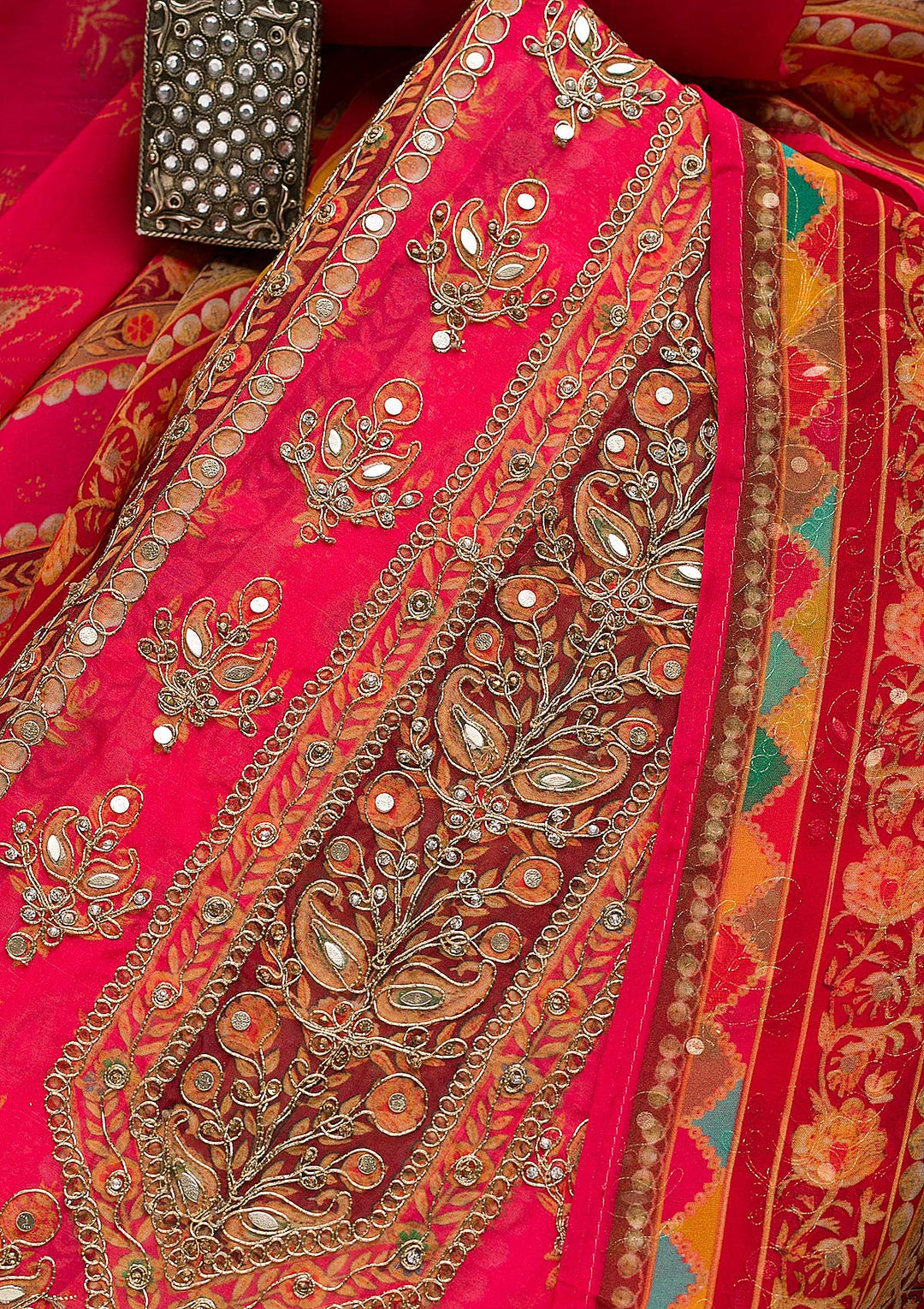 Magenta Pink Gotapatti Georgette Unstitched Salwar Suit-Koskii