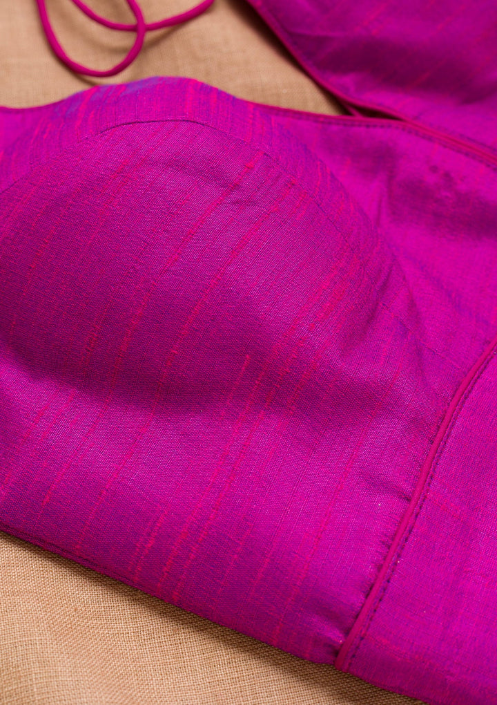 Magenta Pink Plain Raw Silk Blouse-Koskii