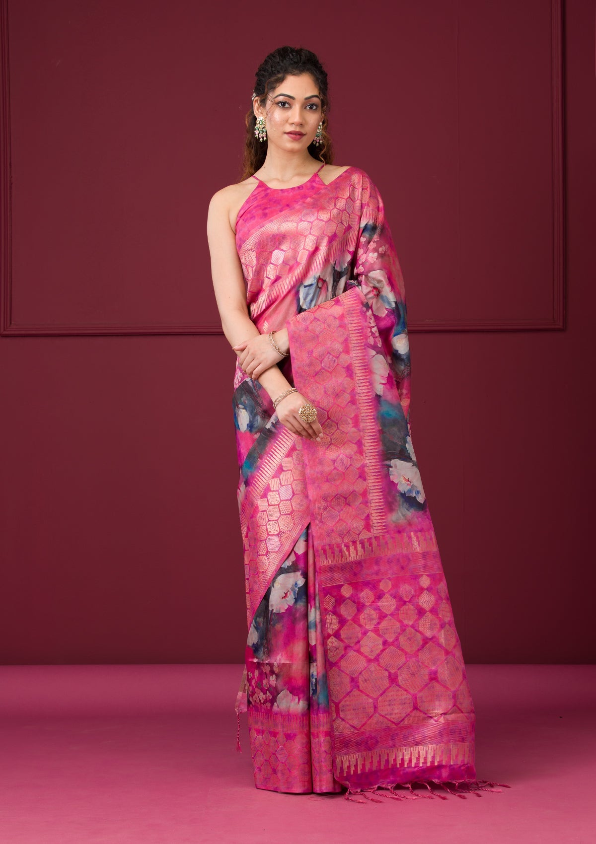 Magenta Pink Printed Art Silk Saree