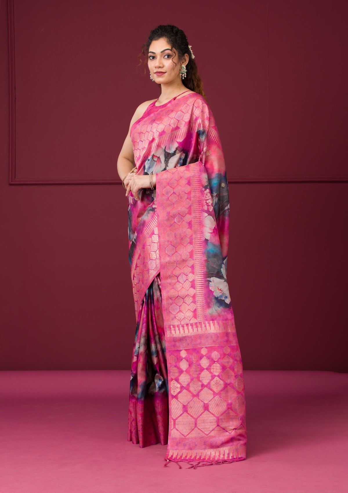 Magenta Pink Printed Art Silk Saree