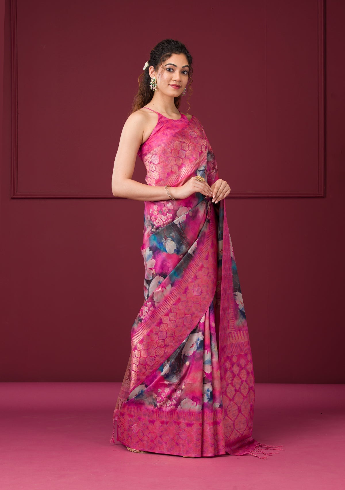 Magenta Pink Printed Art Silk Saree