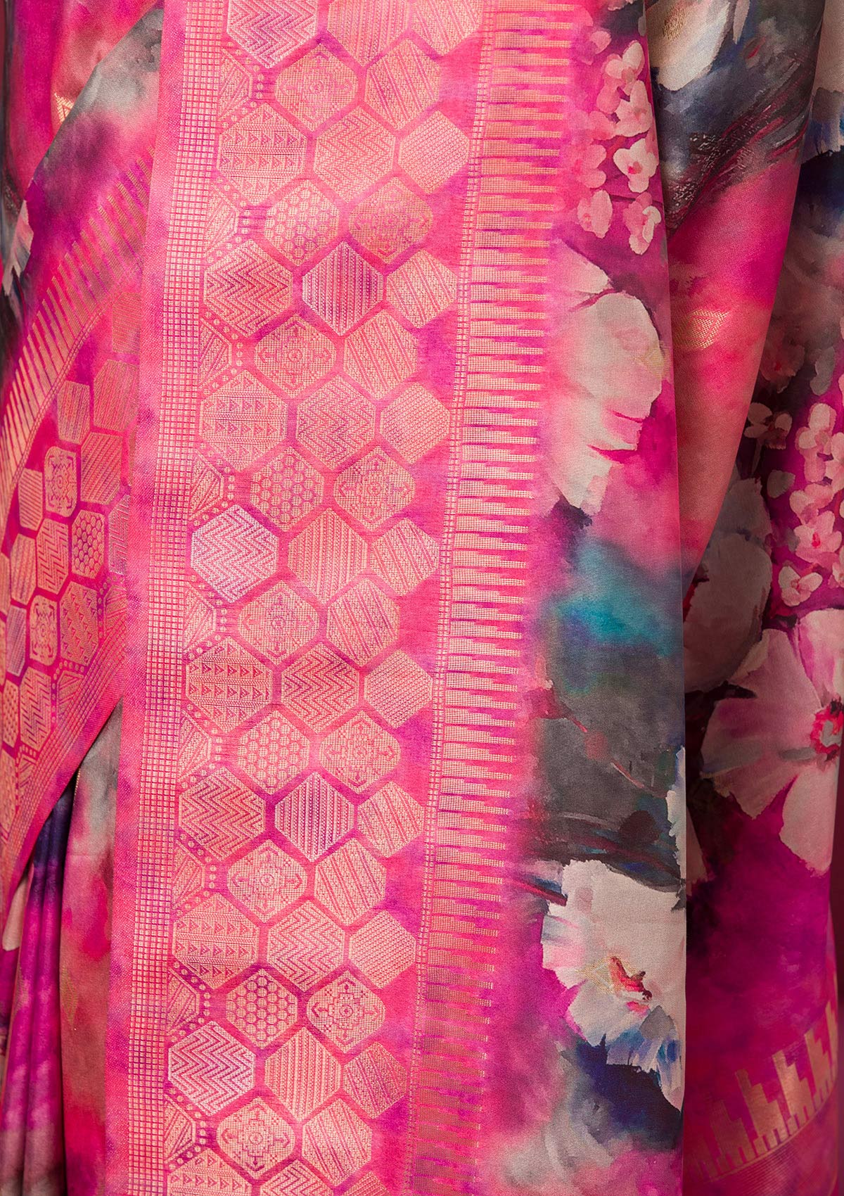 Magenta Pink Printed Art Silk Saree