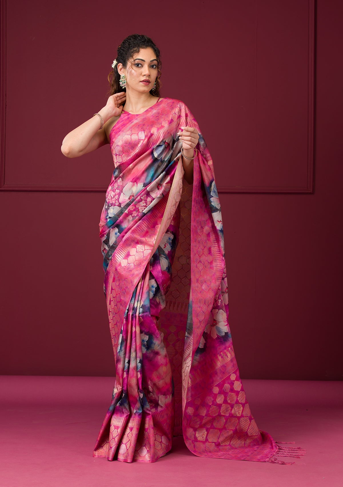 Magenta Pink Printed Art Silk Saree