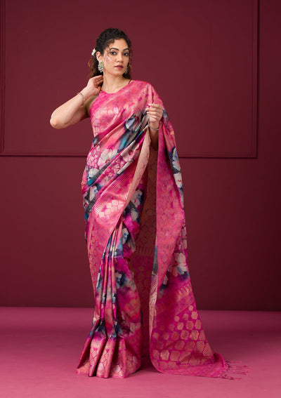 Magenta Pink Printed Art Silk Saree