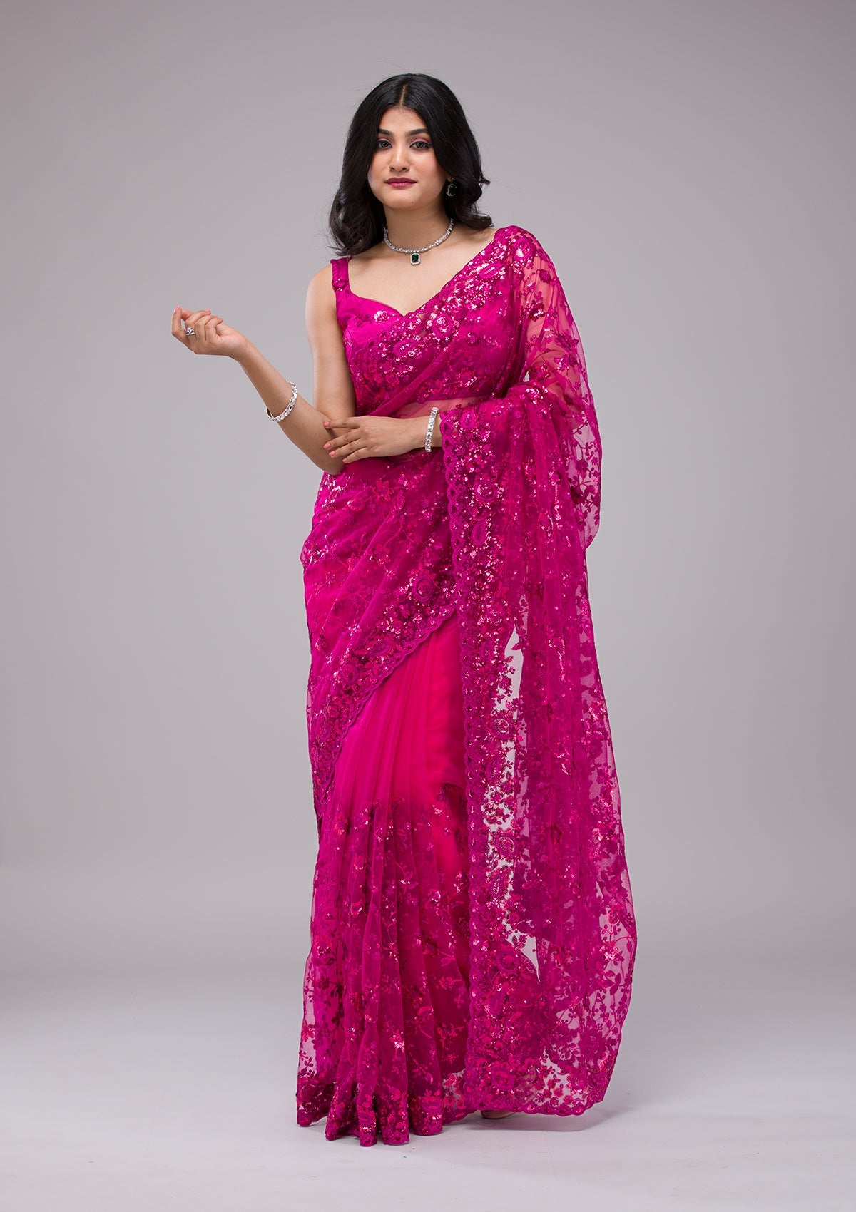 Magenta Pink Sequins Net Saree-Koskii