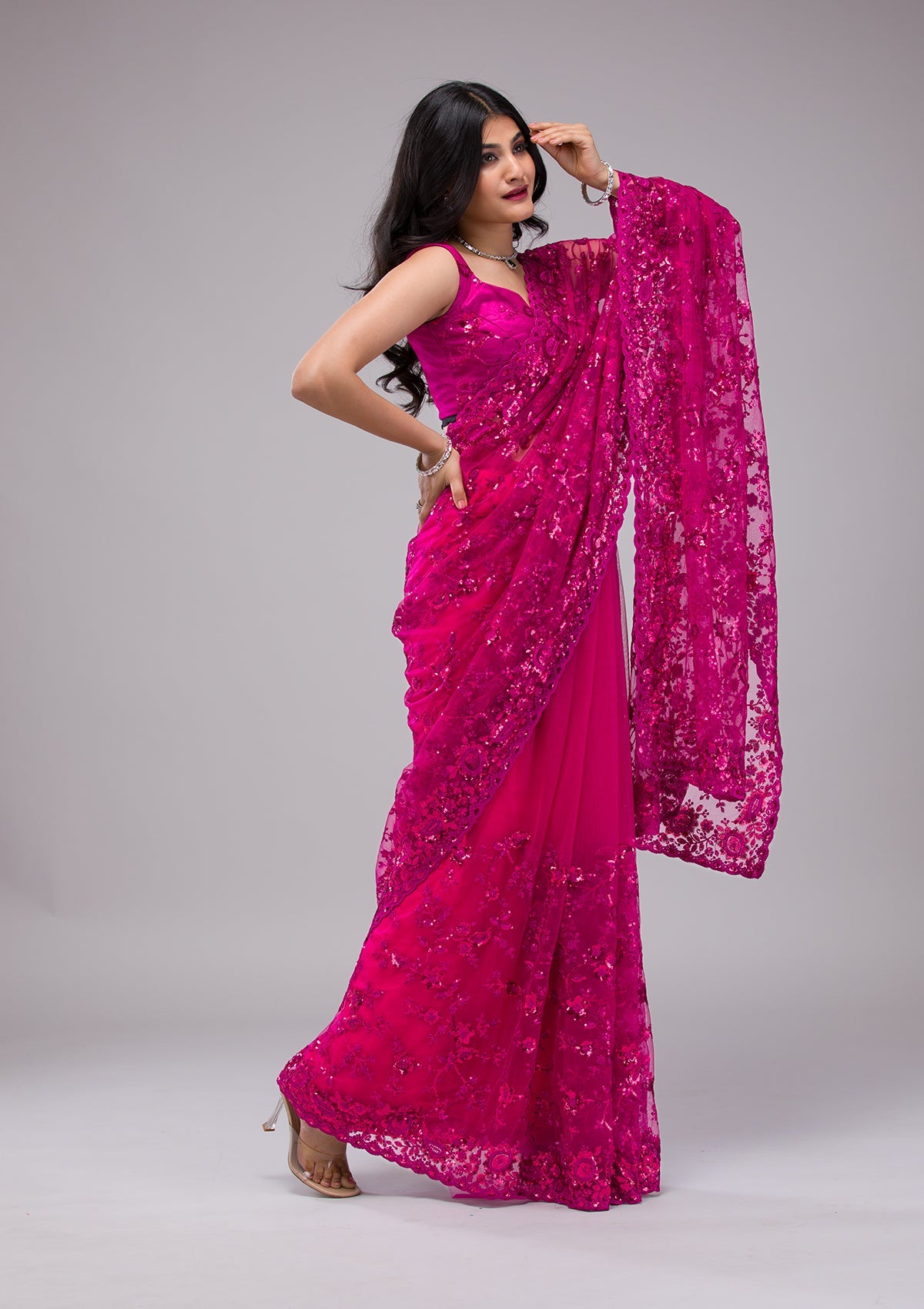 Magenta Pink Sequins Net Saree-Koskii