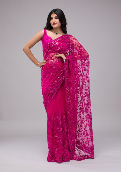 Magenta Pink Sequins Net Saree-Koskii