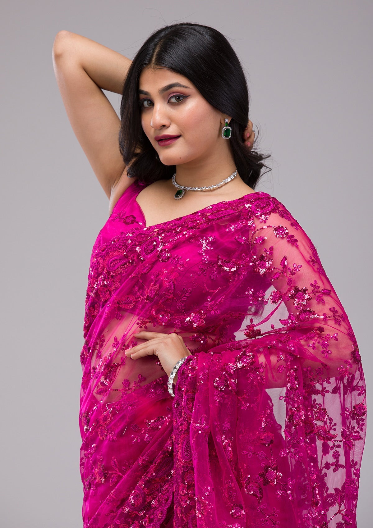 Magenta Pink Sequins Net Saree-Koskii