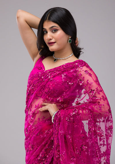 Magenta Pink Sequins Net Saree-Koskii