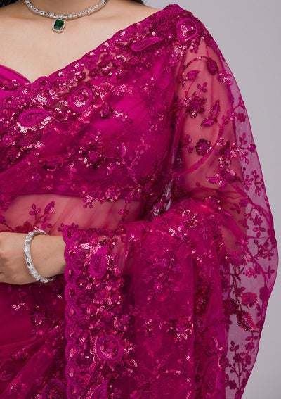 Magenta Pink Sequins Net Saree-Koskii