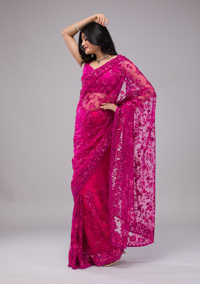 Magenta Pink Sequins Net Saree-Koskii