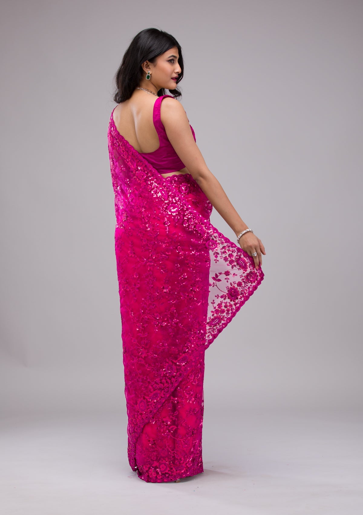 Magenta Pink Sequins Net Saree-Koskii