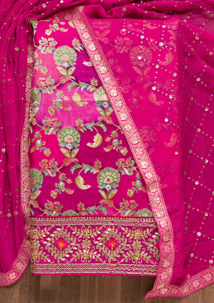 Magenta Pink Stonework Banarasi Silk Unstitched Salwar Suit-Koskii
