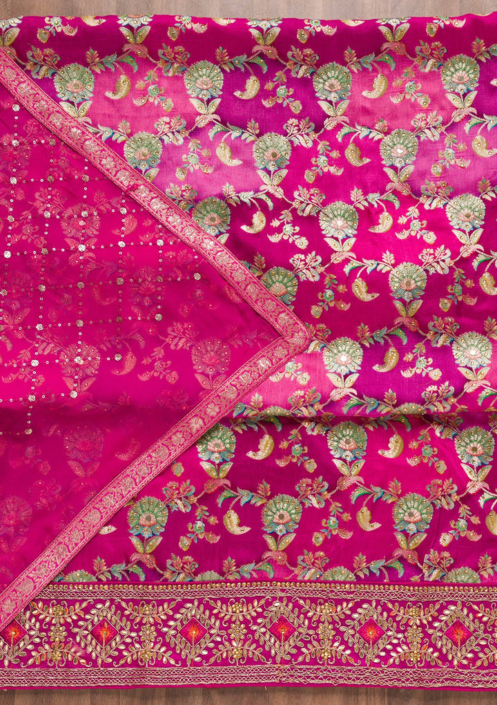 Magenta Pink Stonework Banarasi Silk Unstitched Salwar Suit-Koskii