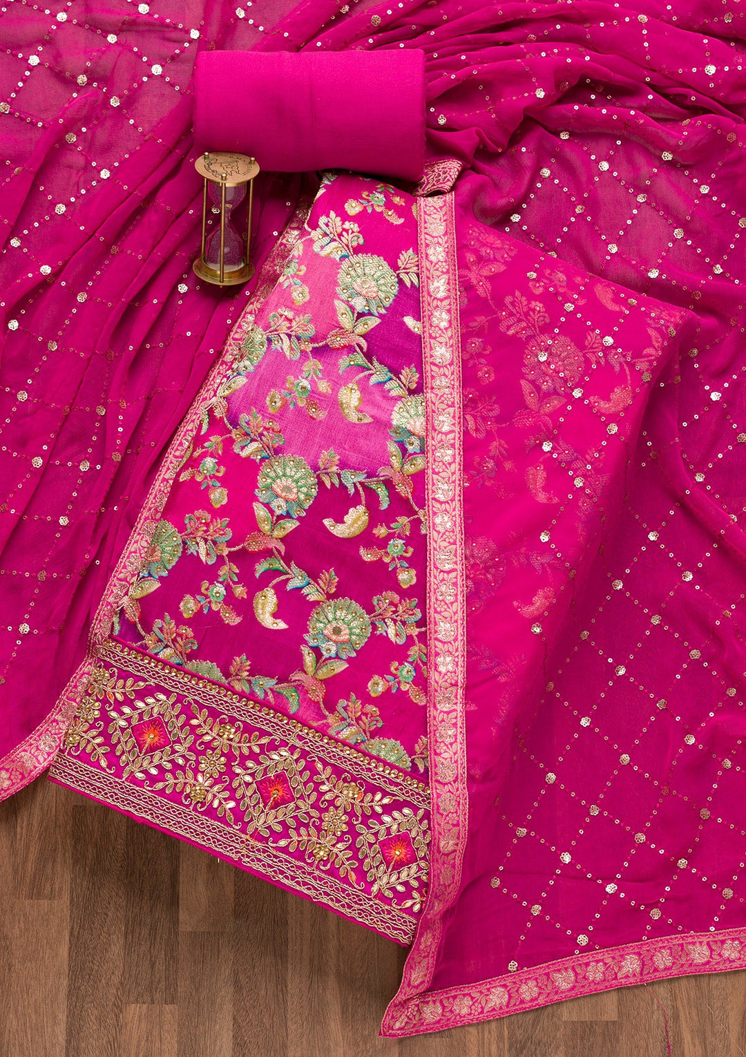 Magenta Pink Stonework Banarasi Silk Unstitched Salwar Suit-Koskii