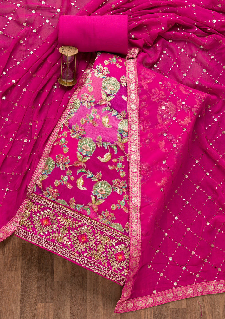 Magenta Pink Stonework Banarasi Silk Unstitched Salwar Suit-Koskii