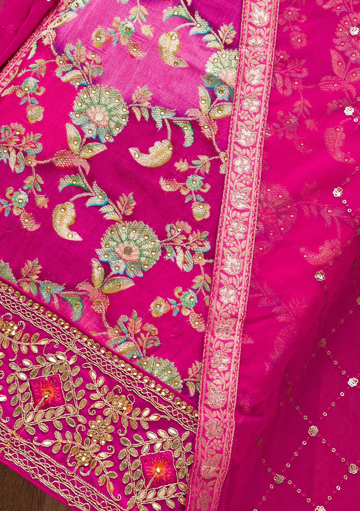 Magenta Pink Stonework Banarasi Silk Unstitched Salwar Suit-Koskii