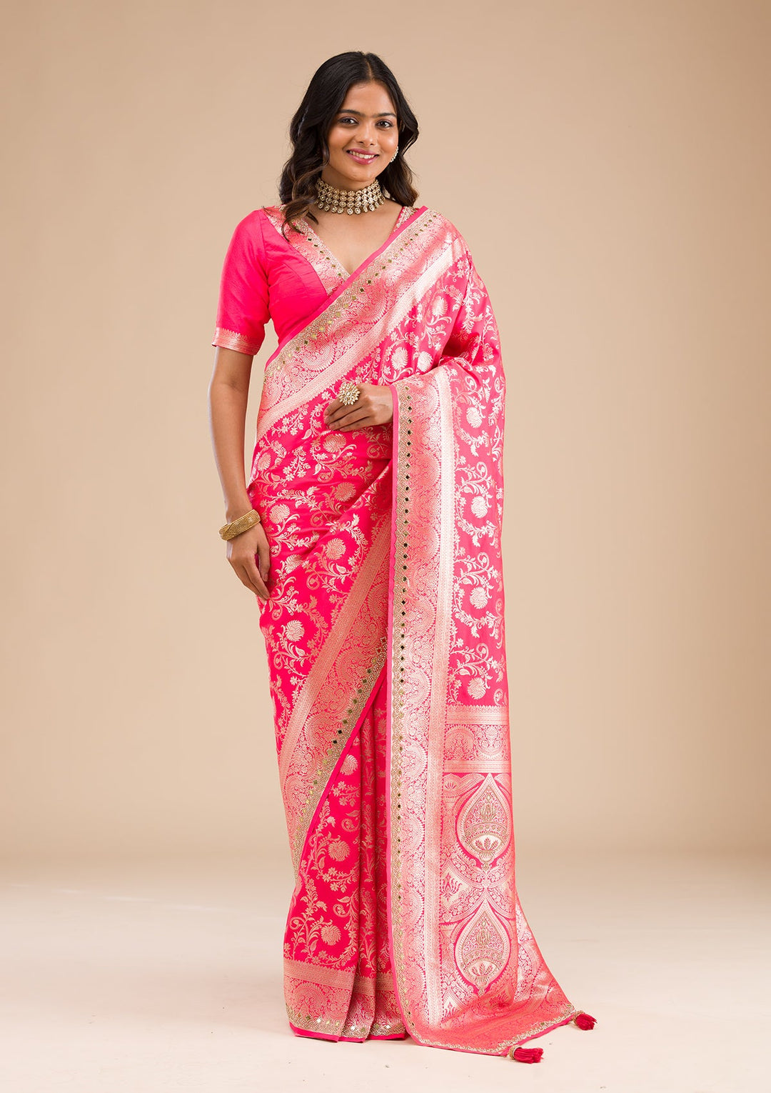 Magenta Pink Zariwork Banarasi Silk Saree-Koskii