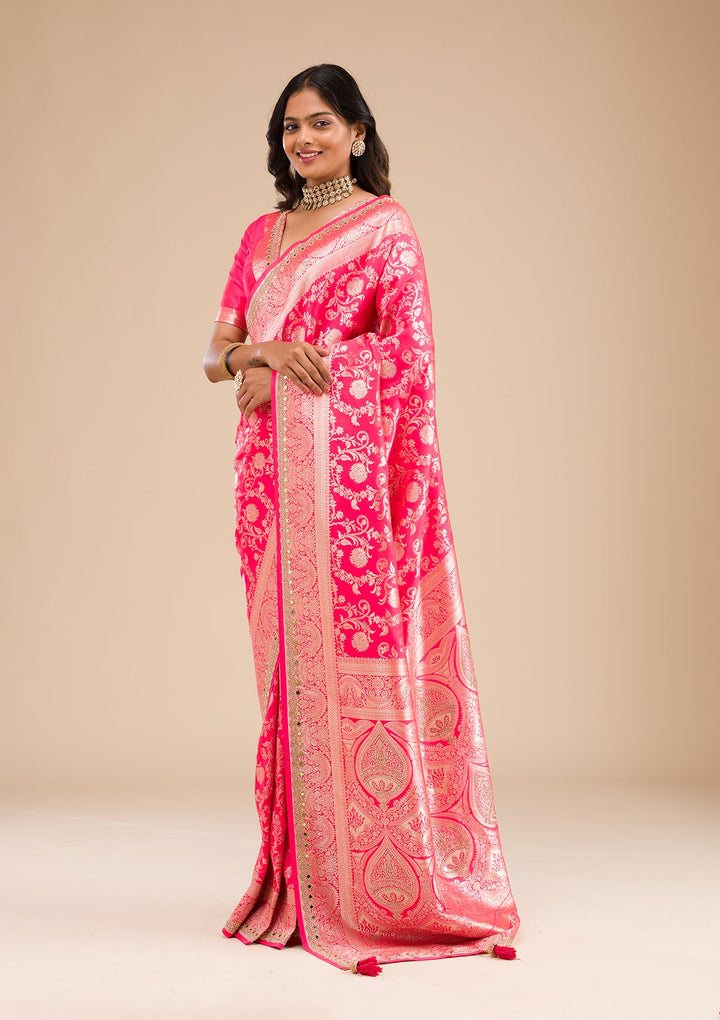 Magenta Pink Zariwork Banarasi Silk Saree-Koskii