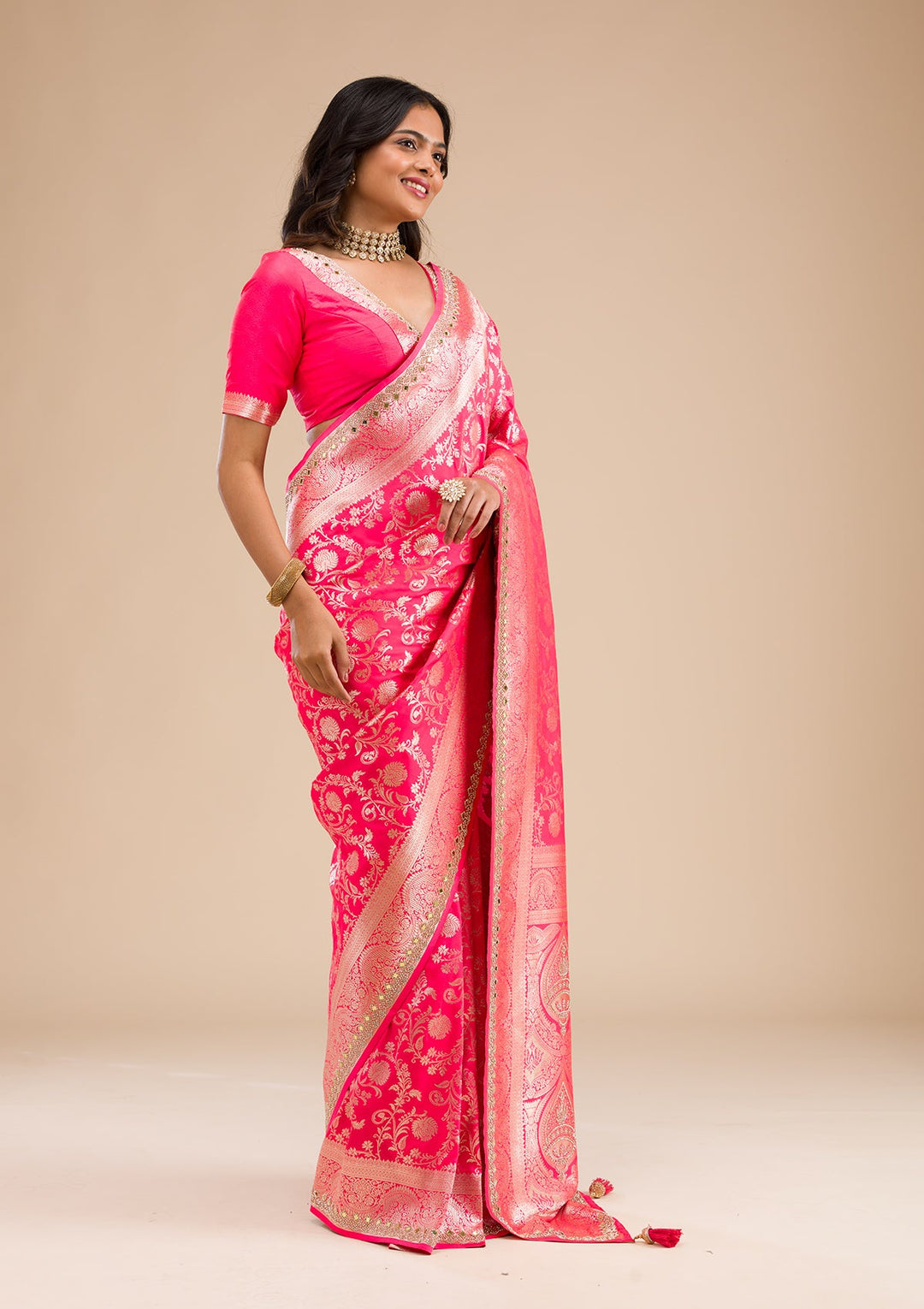 Magenta Pink Zariwork Banarasi Silk Saree-Koskii
