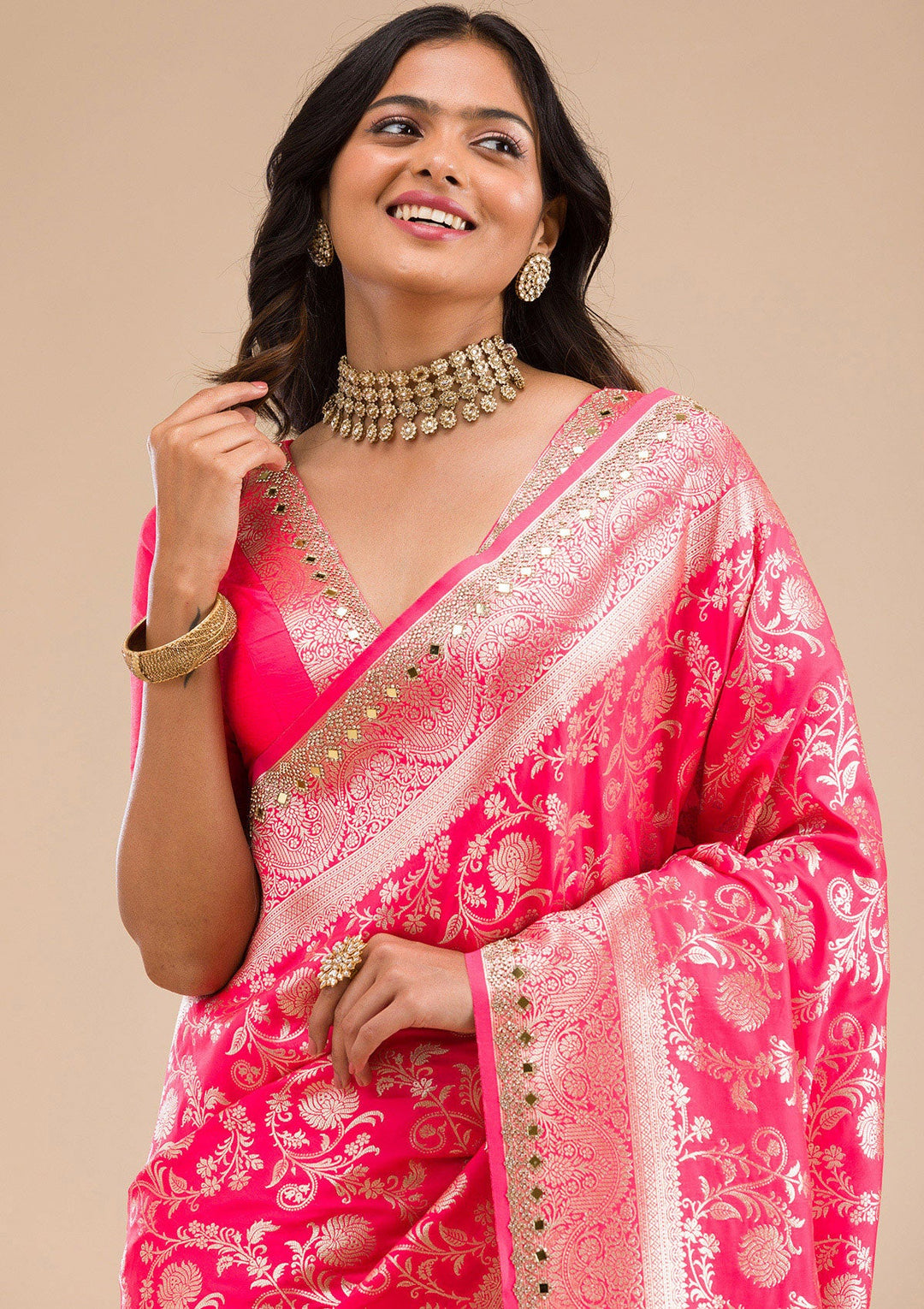 Magenta Pink Zariwork Banarasi Silk Saree-Koskii