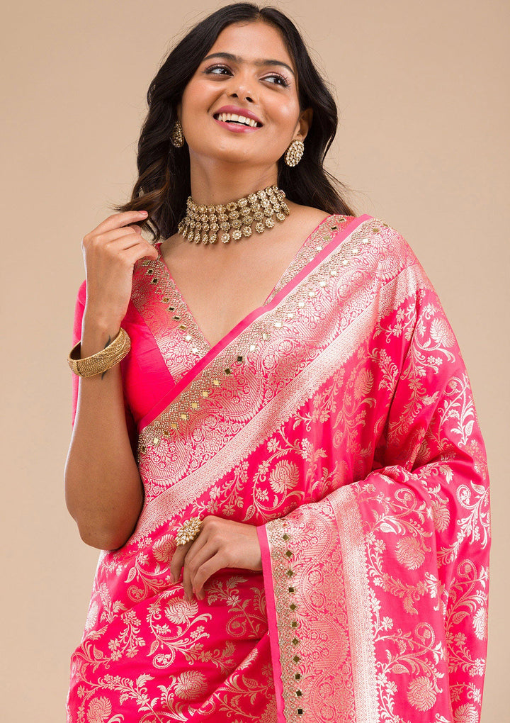 Magenta Pink Zariwork Banarasi Silk Saree-Koskii