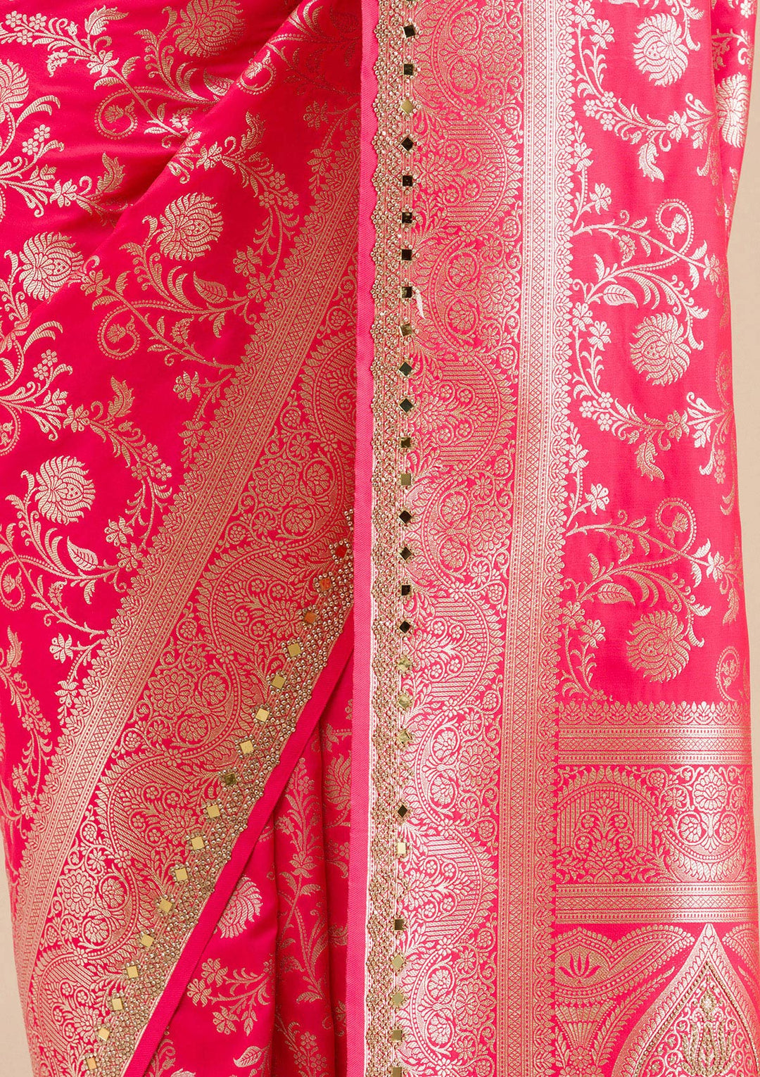 Magenta Pink Zariwork Banarasi Silk Saree-Koskii