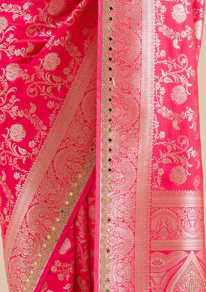 Magenta Pink Zariwork Banarasi Silk Saree-Koskii
