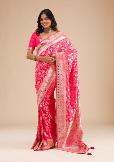 Magenta Pink Zariwork Banarasi Silk Saree-Koskii