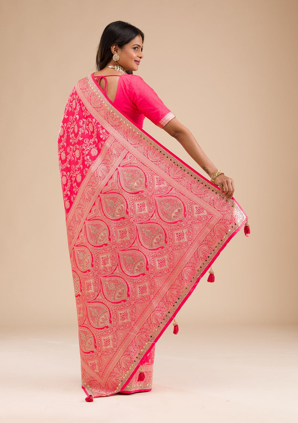 Magenta Pink Zariwork Banarasi Silk Saree-Koskii