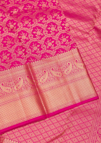 Magenta Pink Zariwork Pure Silk Saree-Koskii