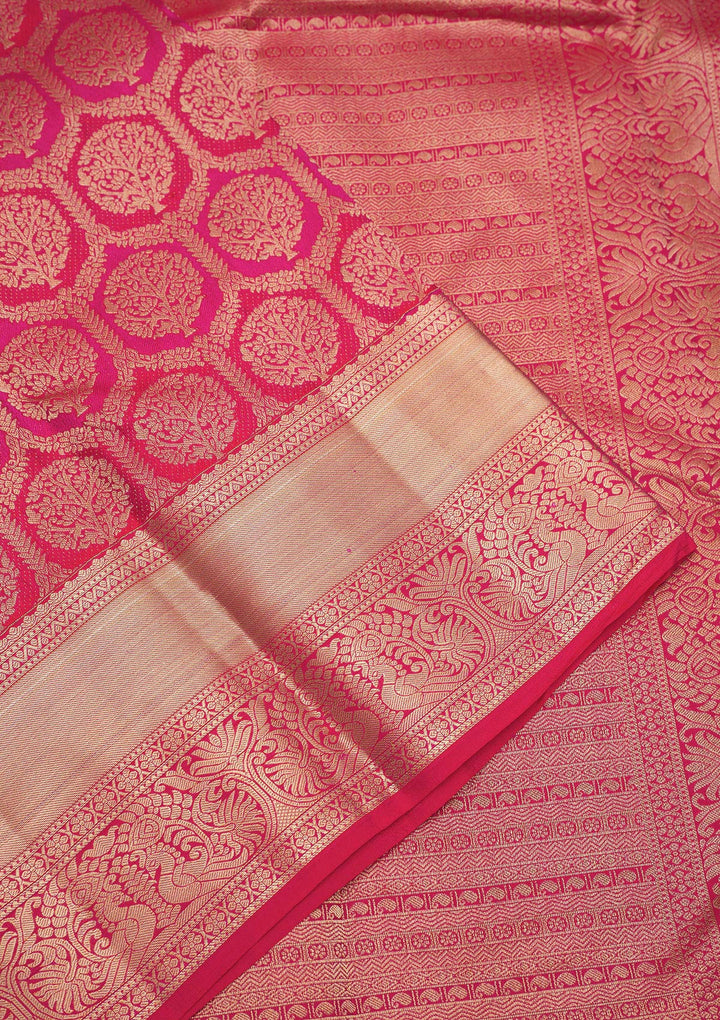 Magenta Pink Zariwork Pure Silk Saree-Koskii