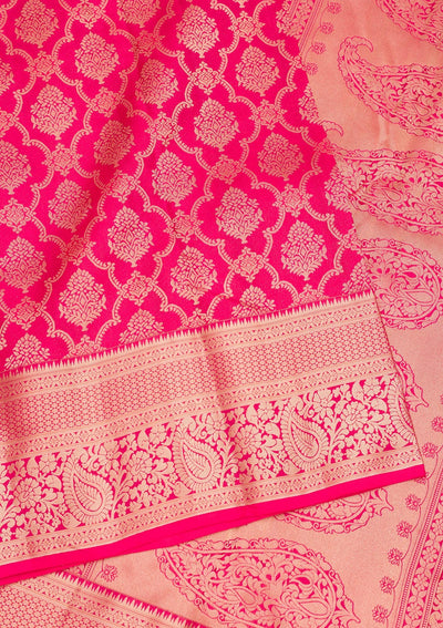 Magenta Pink Zariwork Pure Silk Saree-Koskii