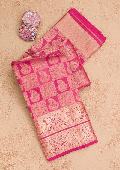 Magenta Pink Zariwork Pure Silk Saree-Koskii