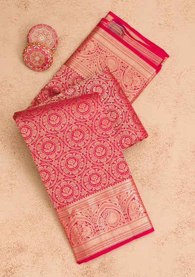 Magenta Pink Zariwork Pure Silk Saree-Koskii