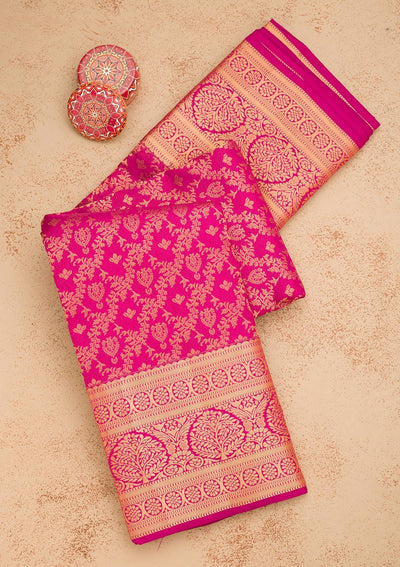 Magenta Pink Zariwork Pure Silk Saree-Koskii