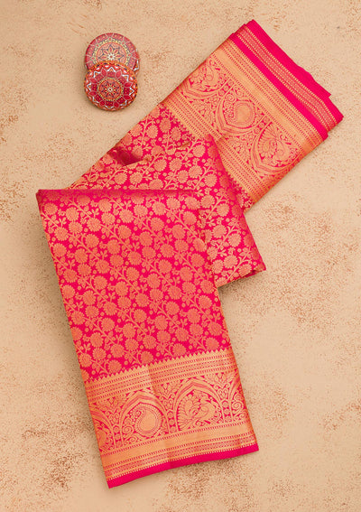 Magenta Pink Zariwork Pure Silk Saree-Koskii