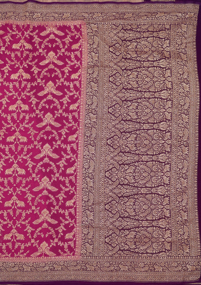 Magenta Pink Zariwork Pure Silk Saree-Koskii