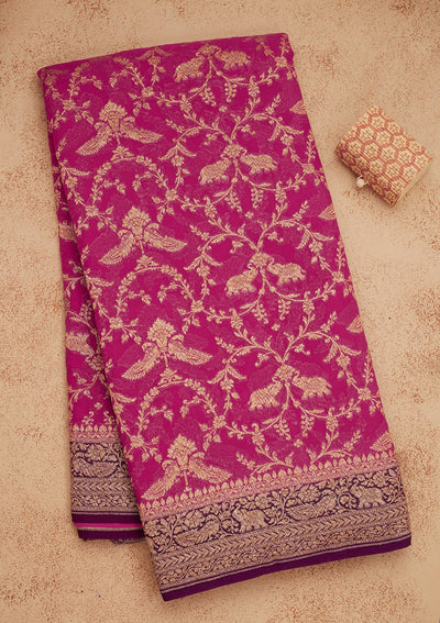 Magenta Pink Zariwork Pure Silk Saree-Koskii