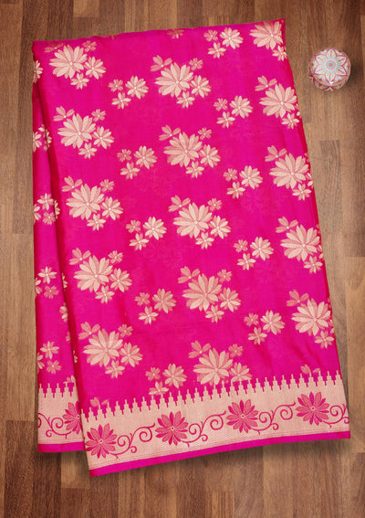Magenta Pink Zariwork Pure Silk Saree-Koskii