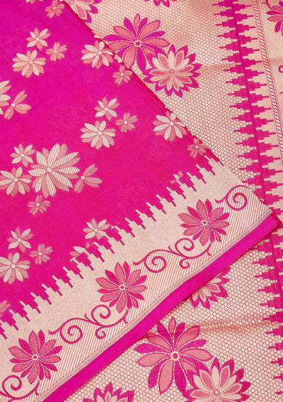 Magenta Pink Zariwork Pure Silk Saree-Koskii