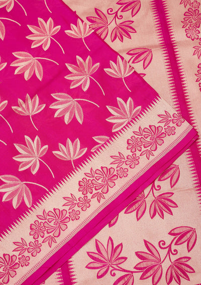 Magenta Pink Zariwork Pure Silk Saree-Koskii